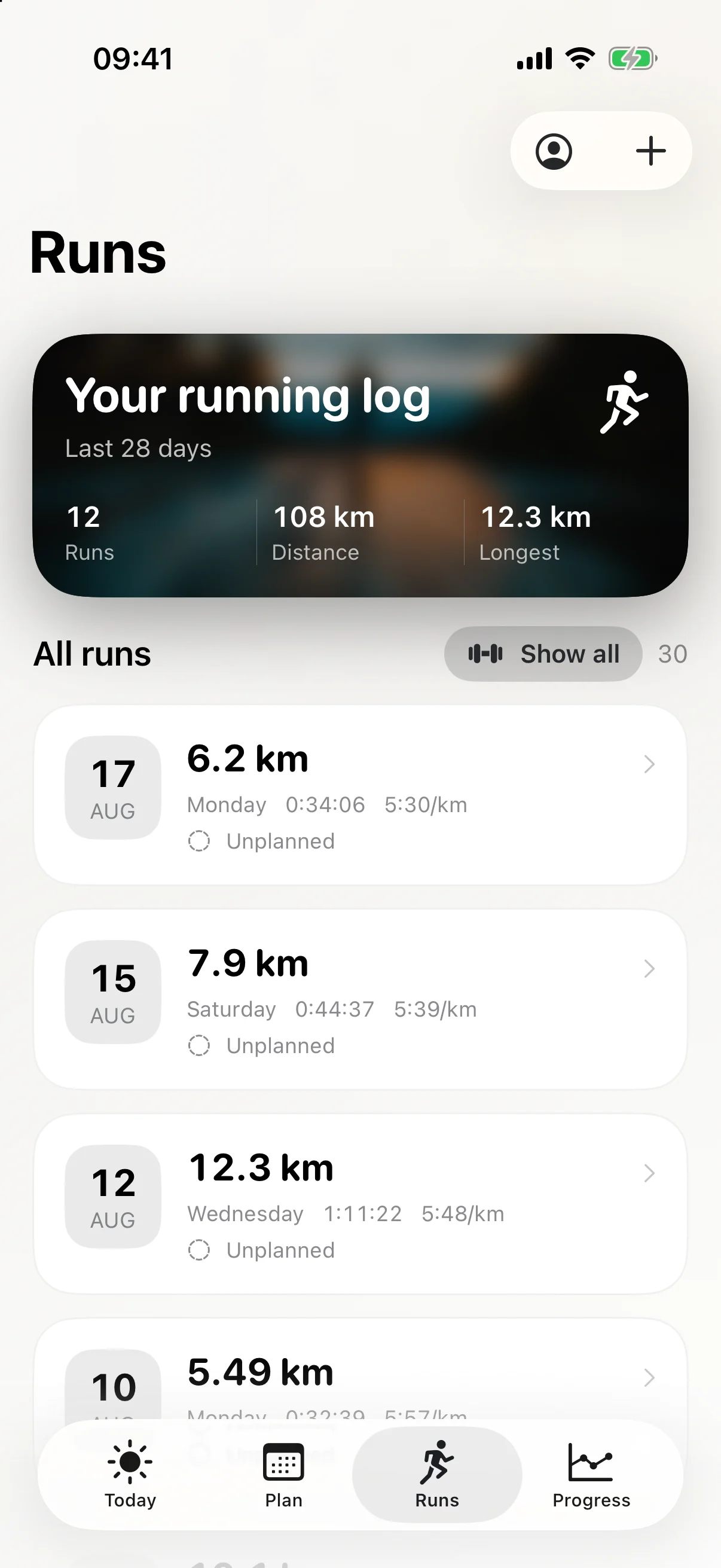 Exerzio Run showing a running log with unplanned workouts