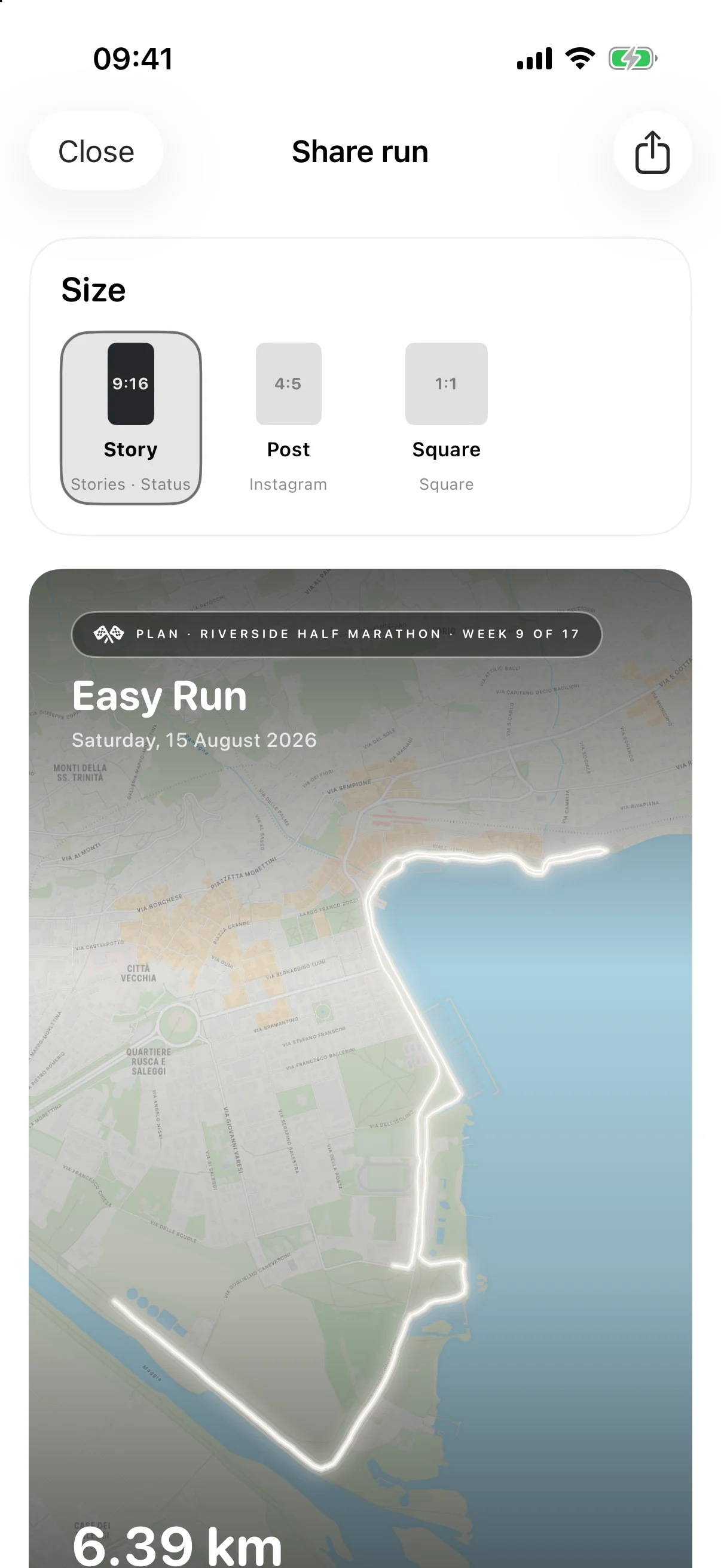 Exerzio Run share screen for choosing a route card format