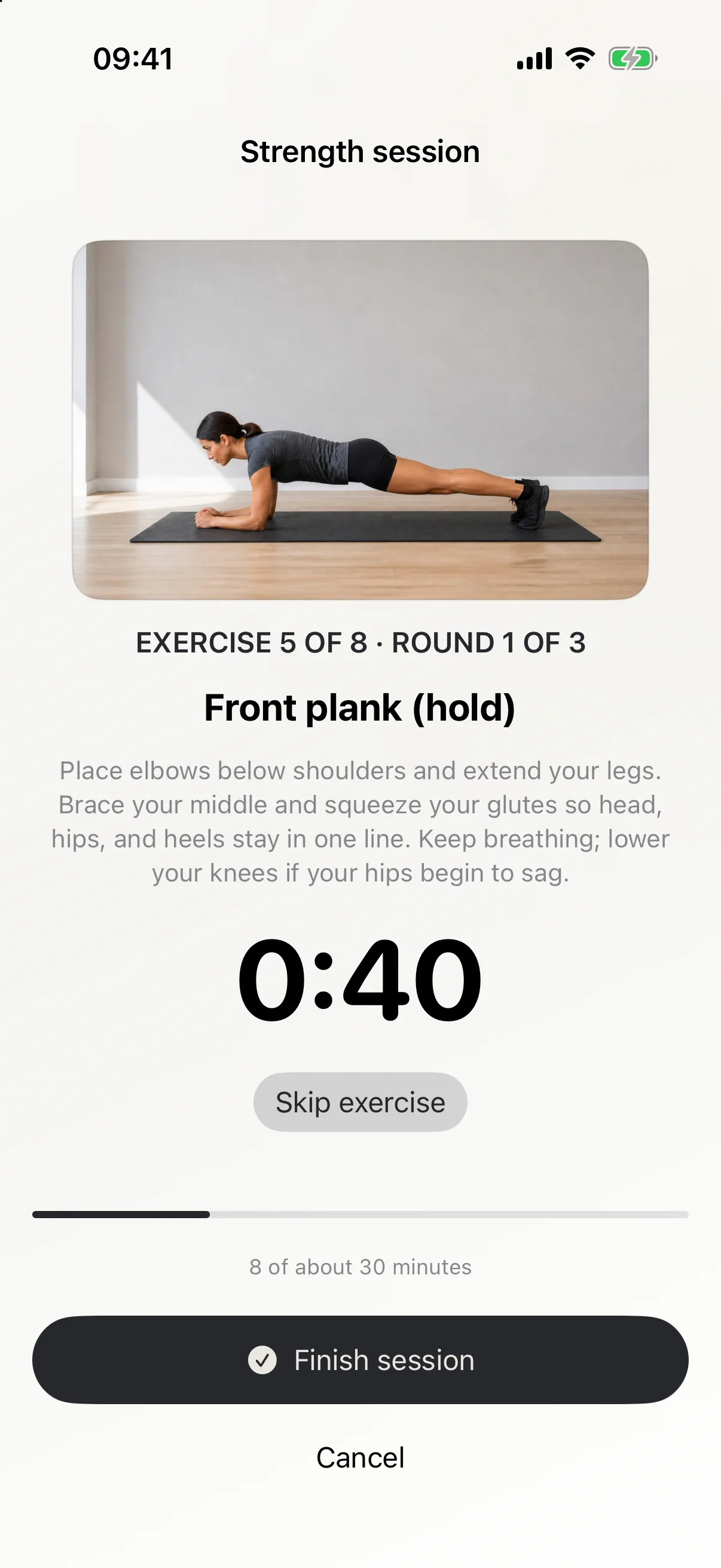 Exerzio Run strength session showing a timed front plank exercise