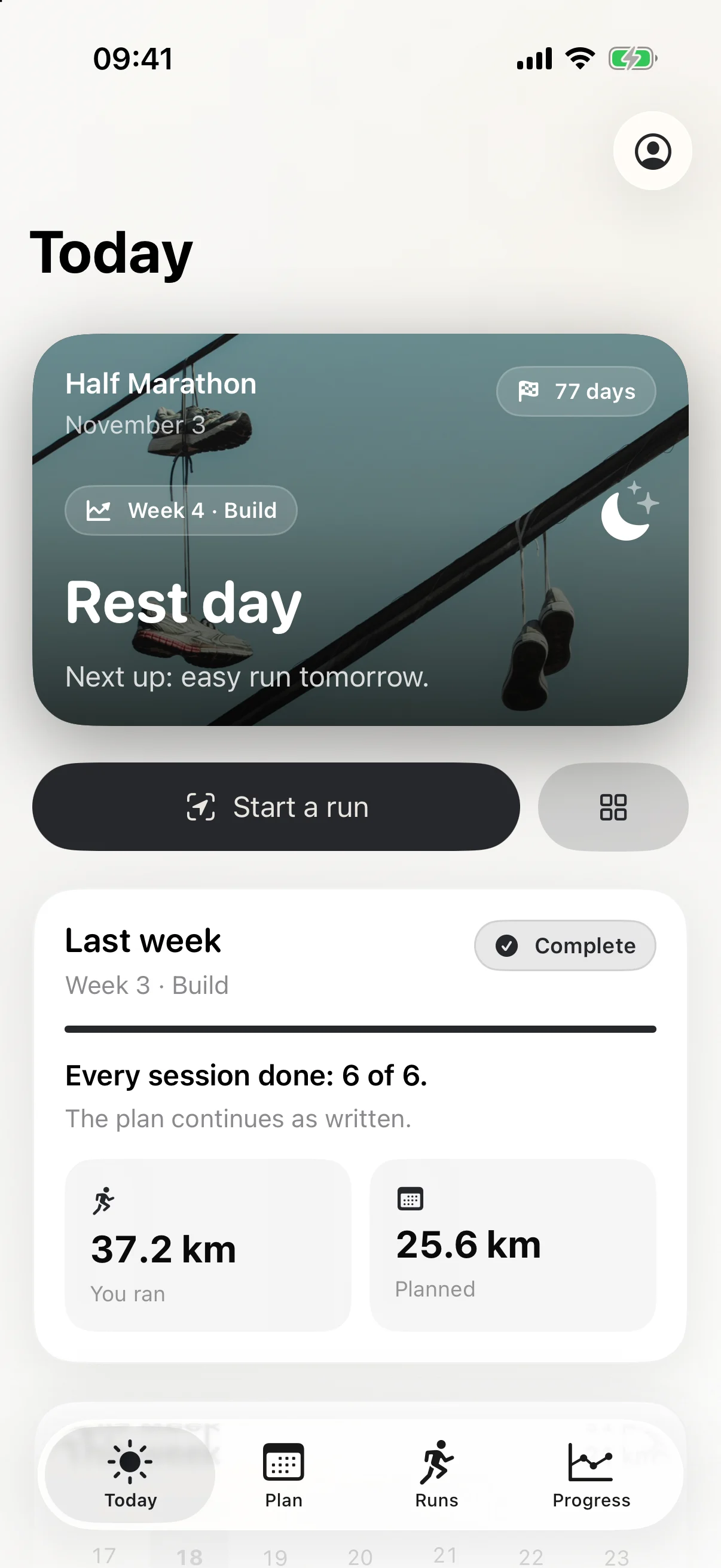Exerzio Run Today screen showing a rest day during half-marathon training